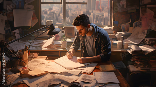 Explore the diligent life of a student in a modern and cluttered workspace, depicted with photo-realistic detail and vibrant colours.