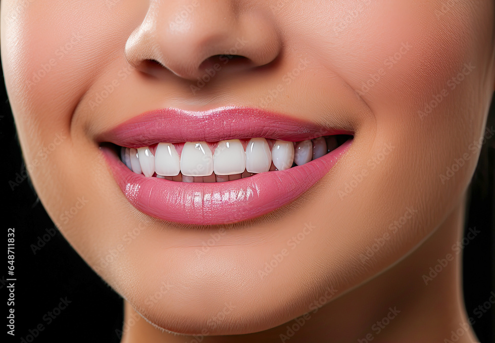 Fototapeta premium Close-up of a woman's face showing newly placed dental veneers.