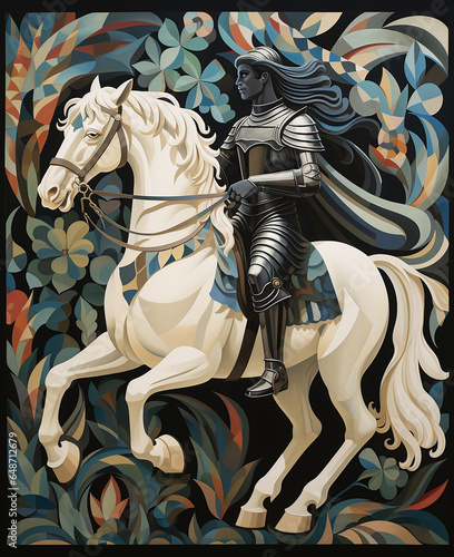 Medieval style painting illustration of a knight on his horse against a floral background.