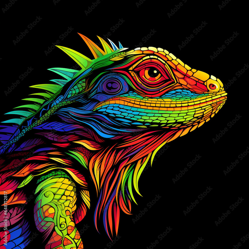 Lizard with colorful abstract shapes on black background 2