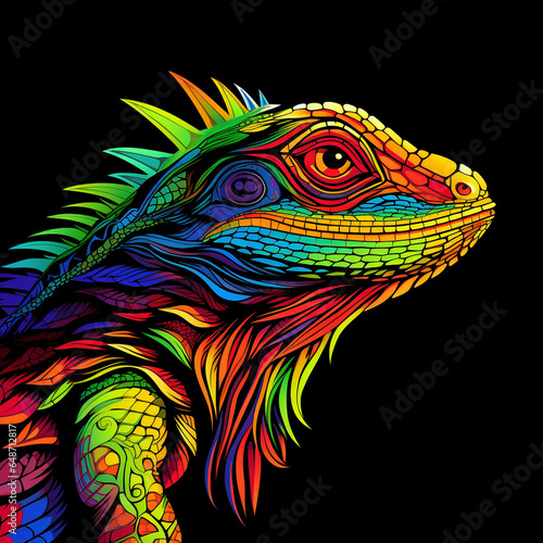 Lizard with colorful abstract shapes on black background 2 © Blood Storm