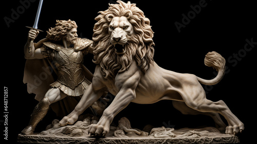 sculpture, statue of ancient warrior fighting bravely with a lion 2