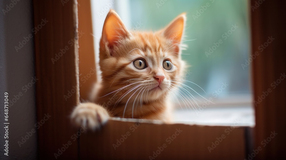 Cute ginger tabby cat in cardboard box, lovely kitten.