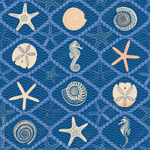 Deep blue ocean treasure motif seamless pattern print. Vector illustration. Perfect for textile, vacation themed fabric, beachwear, stationery, wallpaper, packaging, home and garden decor projects