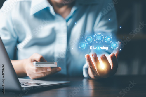 E-learning education internet technology webinar online courses concept. Online education training and e-learning webinar on internet for personal development and professional qualifications.