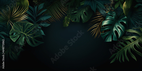 Tropical background with monstera leaves on dark background.