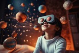 Little Girl Exploring Solar System Planets with VR Glasses at Home
