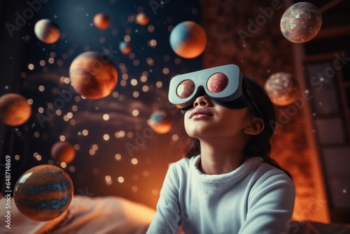 Little Girl Exploring Solar System Planets with VR Glasses at Home 