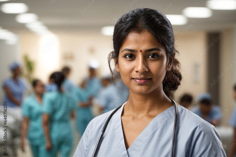 Indian female nurse providing compassionate care in a positive hospital setting Indian female nurse providing compassionate care in a positive hospital setting