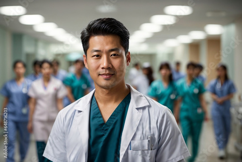 Asian male nurse promoting health and positivity in a hospital environment