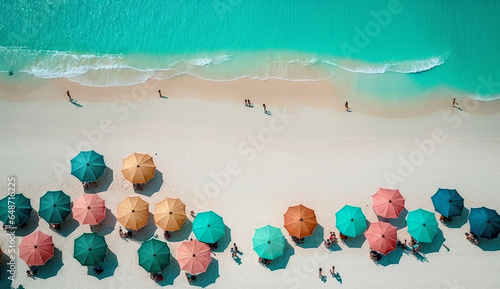 Umbrella sand and waves Tropical beach paradise generated by AI