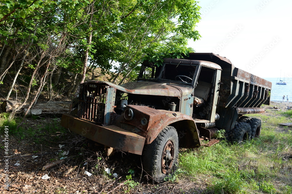 An old KrAZ-256 dump truck on Askold Island in Peter the Great