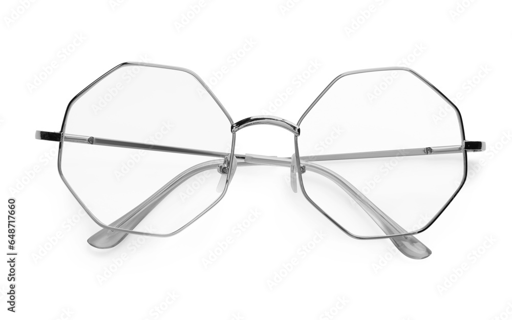 Stylish glasses with metal frame isolated on white