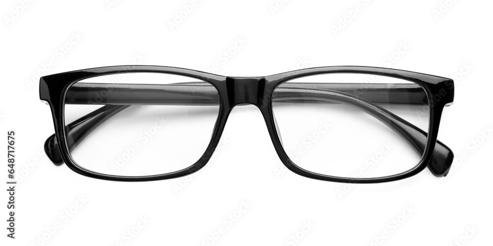 Fototapeta premium Stylish glasses with black frame isolated on white, top view