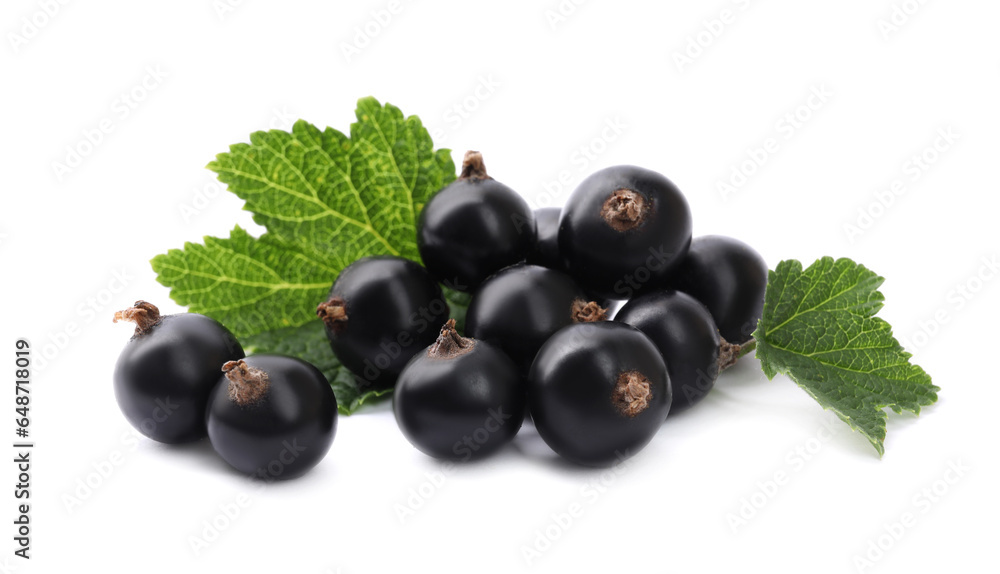 Ripe blackcurrants and leaves isolated on white Ripe blackcurrants and leaves isolated on white
