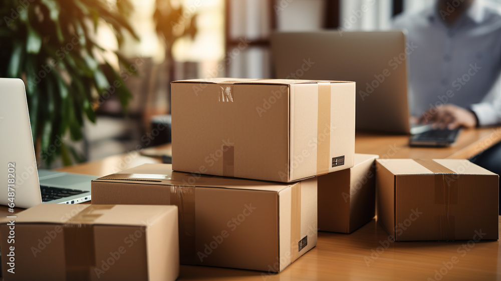 cardboard boxes on the table with laptop and man working in the background cardboard boxes on the table with laptop and man working in the background