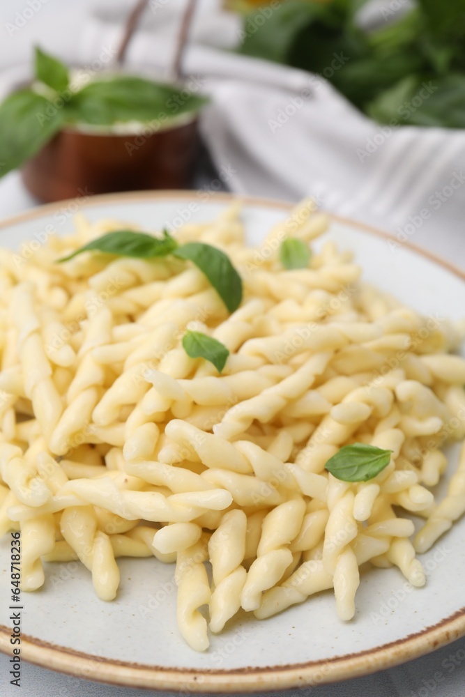 Plate of delicious trofie pasta with basil leaves on table, closeup Plate of delicious trofie pasta with basil leaves on table, closeup