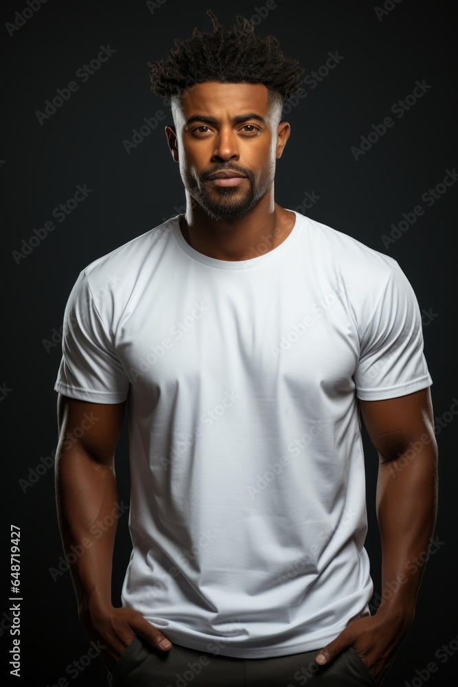 Fototapeta premium A young African American man wearing a plain white shirt with simple background. Generative AI
