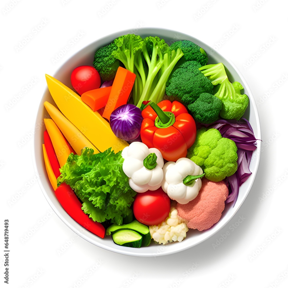 fresh vegetables and fruits on a white plate. isolated fresh vegetables and fruits on a white plate. isolated
