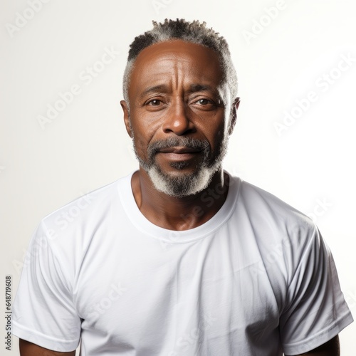 A mature African American man wearing a plain white shirt with simple background. Generative AI