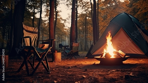 Beautiful bonfire with burning firewood near chairs and camping tent in forest. Campfire by a chairs and a tent