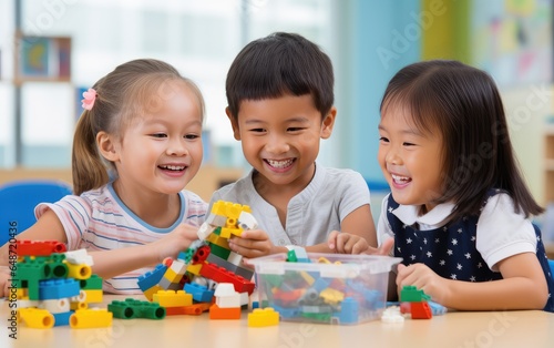 Cute children playing with blockss. entertainment and fun for children. educational toys.