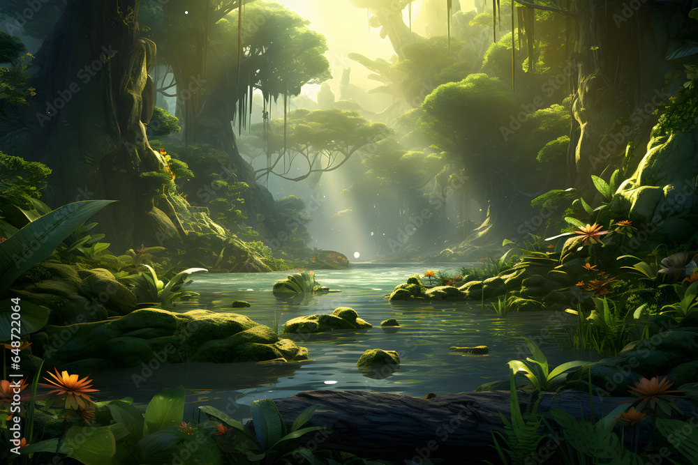 serene and lush forest scene, where the sunlight gently pierces through the dense foliage, illuminating a tranquil stream that flows amidst vibrant greenery