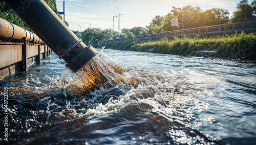 Wastewater pollution, industrial pipe, sewage, dirty water leakage into the river, environment, ecology and pollution concept photo