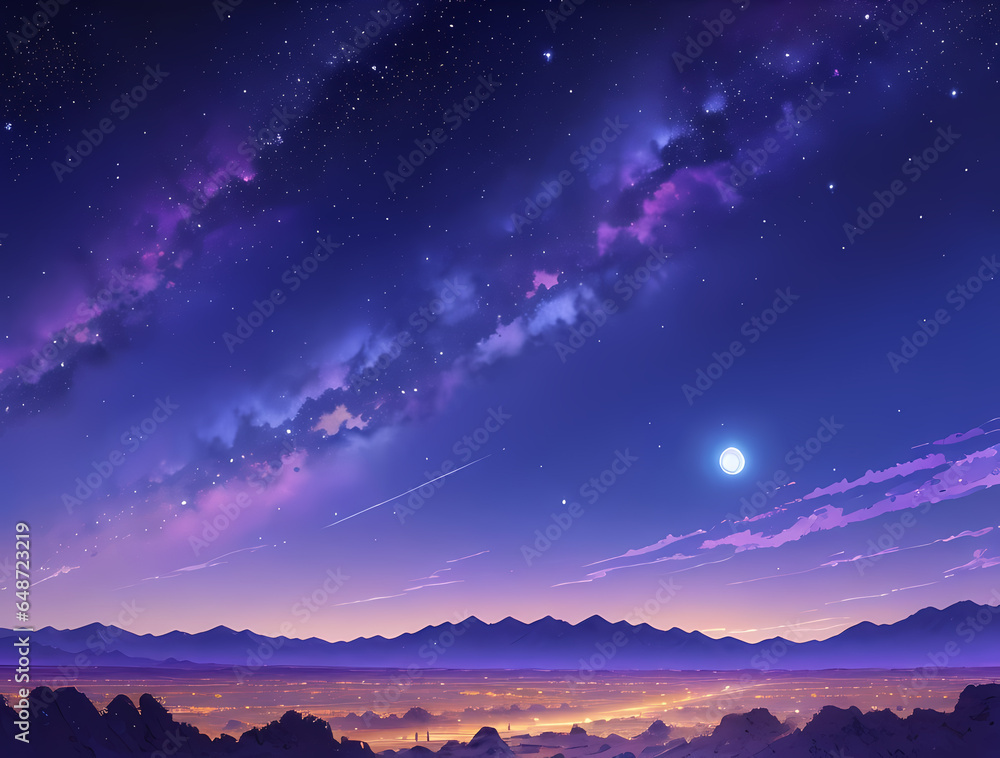 Anime background scene of the sky and a city at night