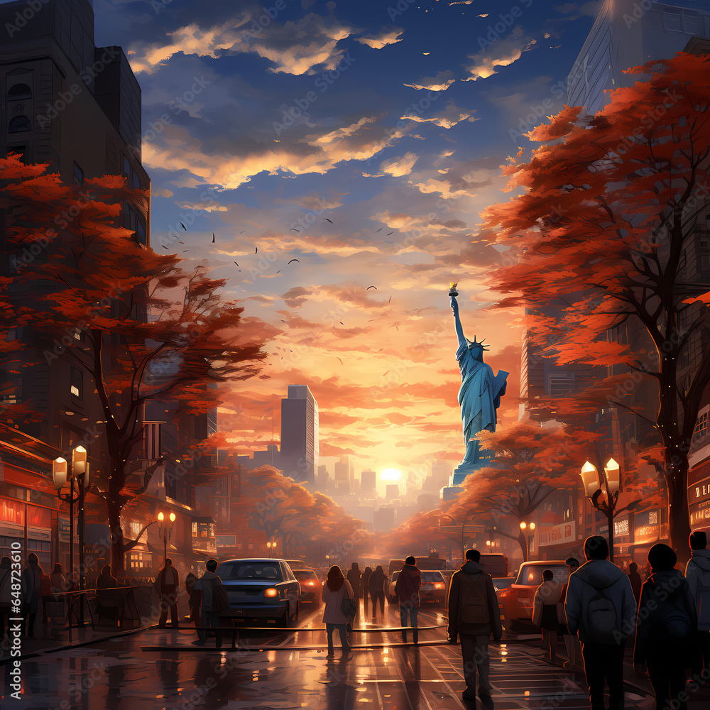 Obraz premium New York streets with people and cars in autumn, looking at the Statue of Liberty
