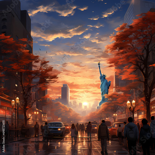 New York streets with people and cars in autumn, looking at the Statue of Liberty photo