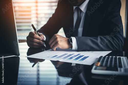 businessman in office, use pen to calculate financial data, traditional approach of using pen and paper for financial calculations, meticulous and hands-on approach to analyzing financial information