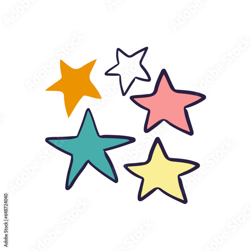 Vector doodle style hand drawing. colored stars of different shapes. isolated vector illustration