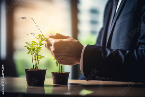 businessman growing green plants and witnessing a growing profit graph, successful efforts in both environmental sustainability and business growth, harmonious relationship between nature and business