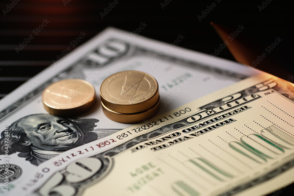 pile of coins is placed on a dollar background, denominations