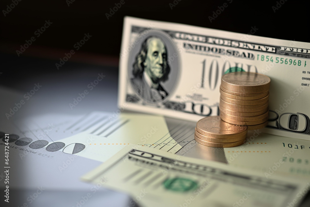 pile of coins is placed on a dollar background, denominations