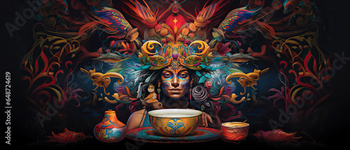 Vividly colorful Illustration of a spiritual hallucinogenic trip with natural medicines containing DMT used by a Shaman. A healing ritual that heals the mind and spirit.