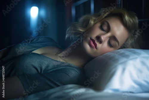 Caucasian Female Drowsy In Bed In Dark Backdrop Generative AI
