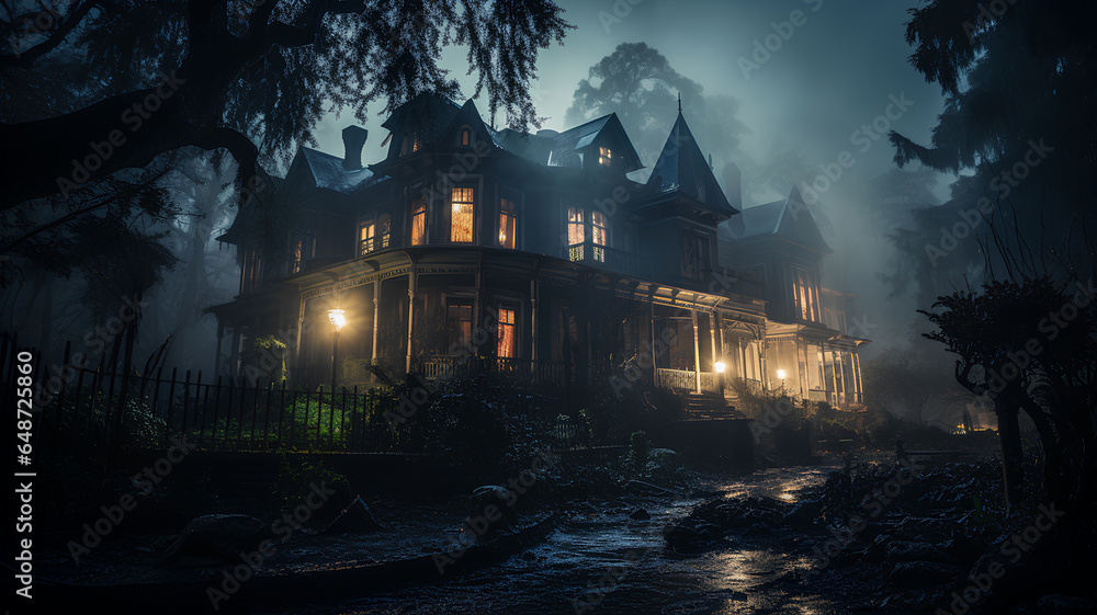 Spooky scary dark Night forest. Holiday event halloween with pumpkins and haunted house Halloween background. Spooky scary dark Night forest. Holiday event halloween with pumpkins and haunted house Halloween background.