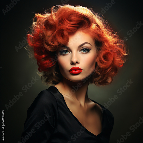 1970s pinup glamour portrait of a beautiful woman with red hair
