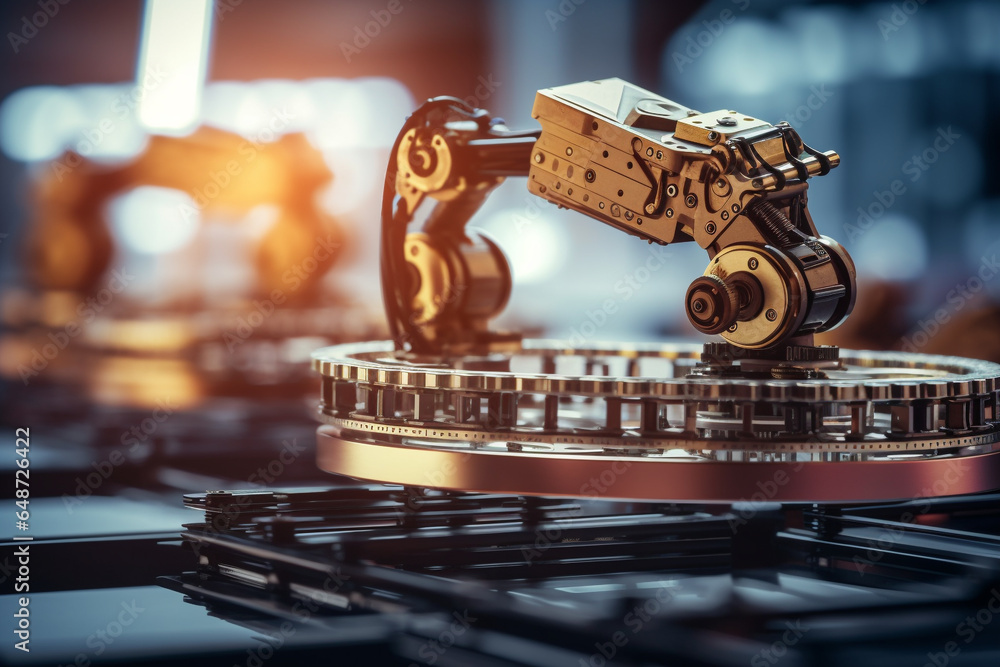 robot arm tirelessly operates a machine in a factory, enhancing ...