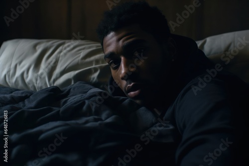 Black Male Tossing In Bed In Dark Background Generative AI