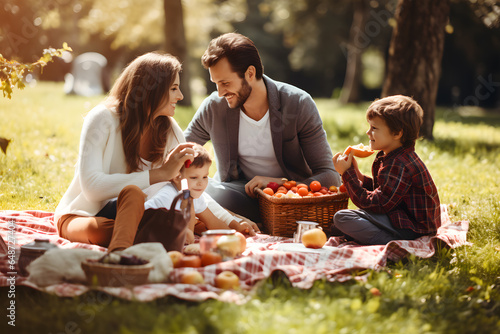 family is having a picnic on a blanket in the park. They are surrounded by greenery and bathed in sunlight. The individuals are focused on each other and the food photo