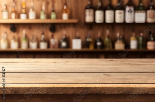 Bar or Pub Ambiance: Empty Wooden Table with Blurred Background. Generative AI.