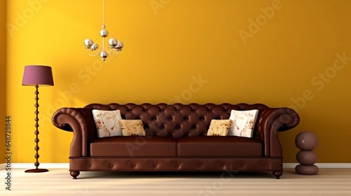 A Bright chocolate Couch Set Against a Vibrant Colored Wall.