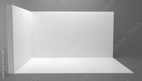 Booth 3d corner. Square corner. 3D exhibition booth. Showroom.  Empty geometric square. Blank box template. White blank exhibition stand. Presentation event room.