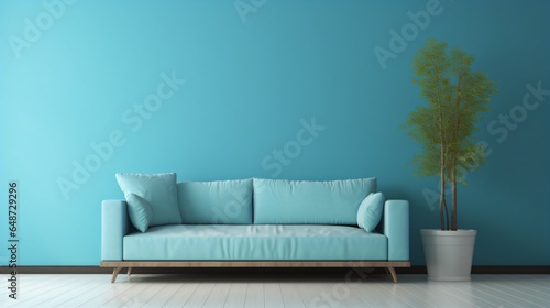 Sky Blue Couch by a Colorful Wall.