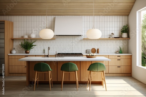 Sophisticated chic spacious mid century modern kitchen interior with bar and island and green neutral colors with marble countertops backsplash and open shelving