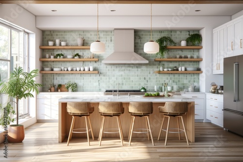 Sophisticated chic spacious mid century modern kitchen interior with bar and island and green neutral colors with marble countertops backsplash and open shelving