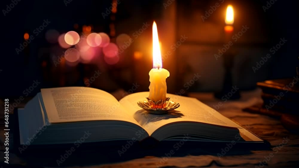 a candle above on open book, ancient era study learning video a candle above on open book, ancient era study learning video